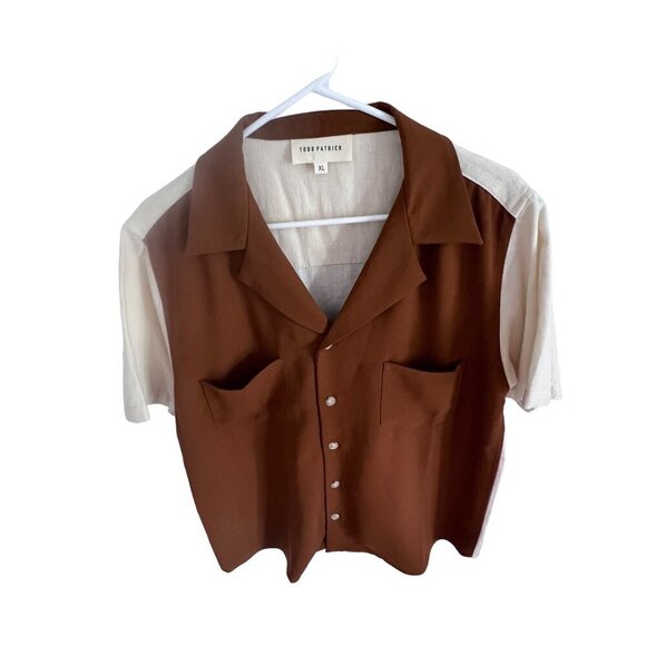 Todd Patrick Designer Cuban Shirt Button Up Brown Cream 2 Tone 2 Fabric Size XL - Picture 6 of 10